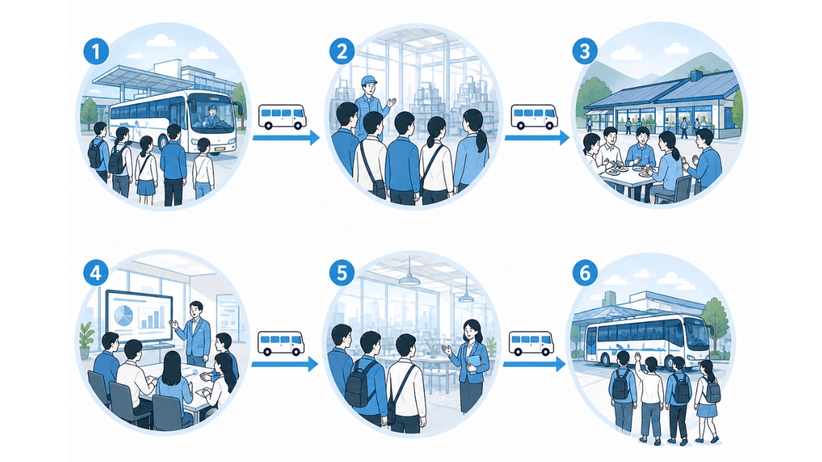 0円バス当日の流れ：①集合 ②1社目見学 ③昼休み ④2社目見学 ⑤3社目見学 ⑥解散